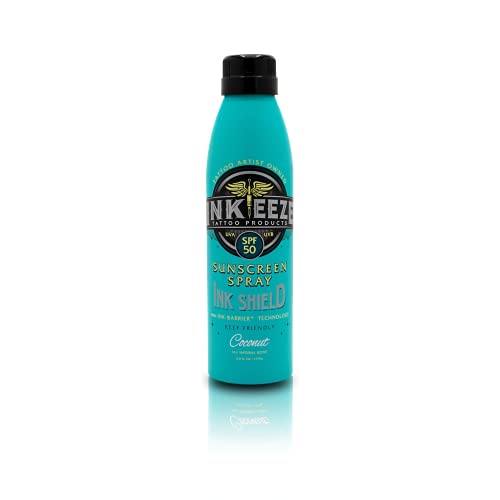INK-EEZE Tattoo Sunscreen Spray SPF 50, UVA/UVB Blocking, Dries Clear, Ozone Reef Friendly, Vegan, Made in USA, Coconut, 6oz spray