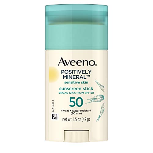 Aveeno Positively Mineral SPF 50 Sunscreen Stick for Sensitive Skin, 100% Zinc Oxide, Sweat- & Water-Resistant Face and Body Sunscreen Stick, Fragrance-Free, Travel Size, 1.5 oz