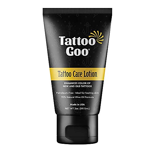 Tattoo Goo Aftercare Lotion Soothing, Color Brightening Skin Moisturizer - Healing Treatment with Olive Oil, Healix Gold + Panthenol - Vegan, Cruelty-Free, Petroleum-Free, Lanolin-Free - 2 oz