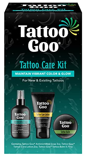 Tattoo Goo Aftercare Kit Includes Antimicrobial Soap, Balm, and Lotion, Tattoo Care for Color Enhancement + Quick Healing - Vegan, Cruelty-Free, Petroleum-Free, Lanolin-Free, Tattoo Artist Gifts (3 Piece Set)