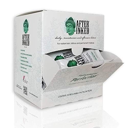 After Inked Tattoo Lotion - Tattoo Moisturizer, Tattoo Aftercare Lotion, 7ml Tattoo Balm, Tattoo Cream, Helps Moisturize New & Existing Ink, Tattoo Lotion Aftercare w/Reclosable Pillow Pack (50-Pack)