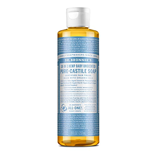 Dr. Bronners - Pure-Castile Liquid Soap (Baby Unscented, 8 Ounce) - Made with Organic Oils, 18-in-1 Uses: Face, Hair, Laundry, Dishes, For Sensitive Skin, Babies, No Added Fragrance, Vegan, Non-GMO