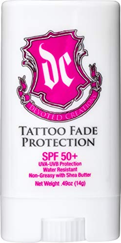 Devoted Creations Tattoo Fade Protection Stick with SPF 50+ UVA-UVB Protection, Water Resistant, Non-Greasy with Shea Butter .49oz (Pink)