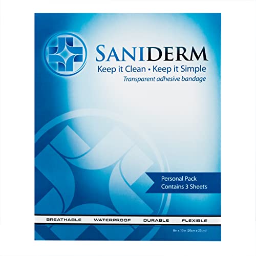 Saniderm Tattoo Aftercare Bandage 3 Sheets (Large Pack, 8 in x 10 in) – Convenient, Faster Tattoo Healing and Protection – Sterile, Waterproof, and Latex-Free