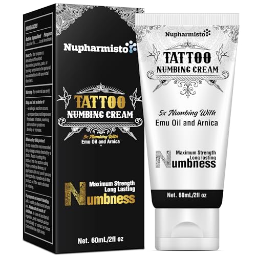 Nupharmisto Maximum Strength Numbing Cream Tattoo (2oz/ 60ml), Painless Tattoo Numbing Cream, Numbing Cream for Tattoos Extra Strength with 5x Numbing, Emu Oil and Arnica. 2oz/ 60ml