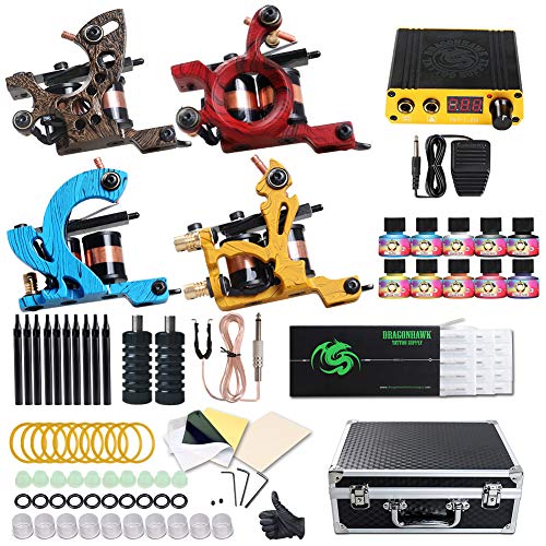 Dragonhawk Complete Tattoo Kit 4 Standard Tunings Tattoo Machines Power Supply 10 Color Immortal Tattoo Inks 50 Needles Tips Grips with Case D139GD
