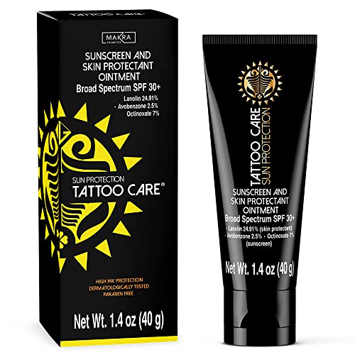 Makra Tattoo Care Sunscreen – SPF 30+ Ointment for Tattoo Sun Protection - UVA/UVB Protection - Deeply Moisturizes and Protects Ink Against Fading - Enhances Colors, Water Resistant - 1.35 Oz/40 g