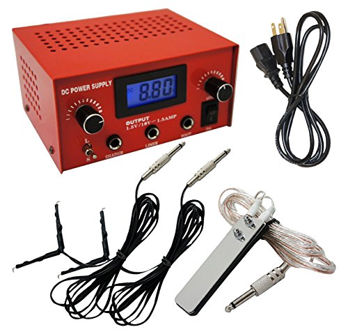 One Tattoo World OTW-P008-3R Dual Digital LCD Tattoo Machine Power Supply with Stainless Steel Pedal and 2 Clip Cords, Red