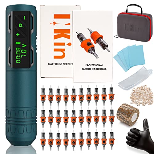 INKin Wireless Tattoo Machine Kit - CL2 Tattoo Gun Battery Pen with 32Pcs Finger Ledge Cartridge Needles 100Pcs Biodegradable Ink Caps Supplies