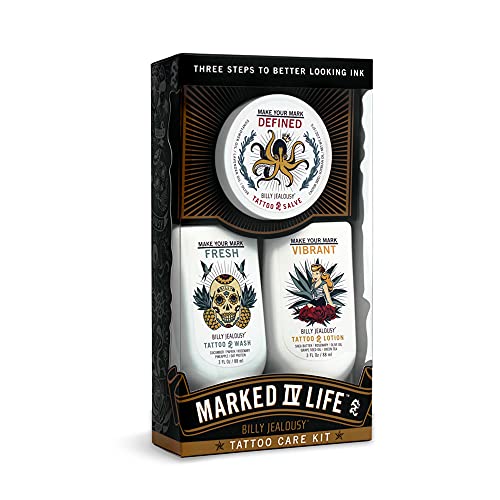 Billy Jealousy Marked IV Life Complete Tattoo Care Kit, Includes Tattoo Defining Aftercare Salve, Brightening Tattoo Wash and Moisturizing Tattoo Lotion