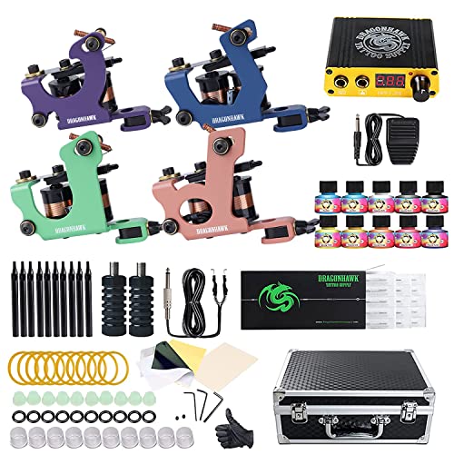Dragonhawk Complete Tattoo Kit 4 Standard Tunings Tattoo Machines Power Supply 10 Color Tattoo Inks 50 Needles Tips Grips with Case D139GD