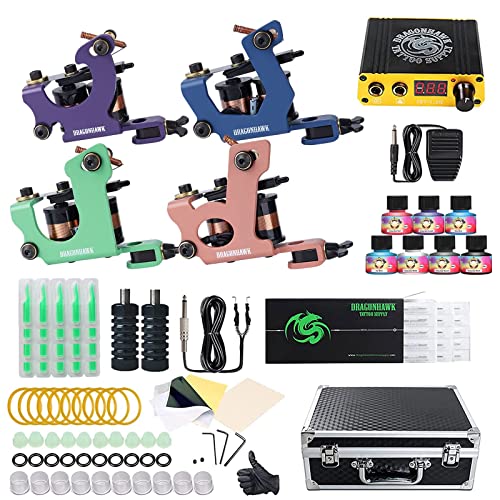 Dragonhawk Complete Tattoo Kit 4 Standard Tunings Tattoo Machines Power Supply 10 Color Tattoo Inks 50 Needles Tips Grips with Case D139GD