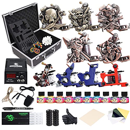 Dragonhawk Complete Tattoo Kit with Case, Beginner Traditional Coils Tattoo Machines, Power Supply Immortal Tattoo Inks,Tattoo Needles Foot Pedal Grips Tips